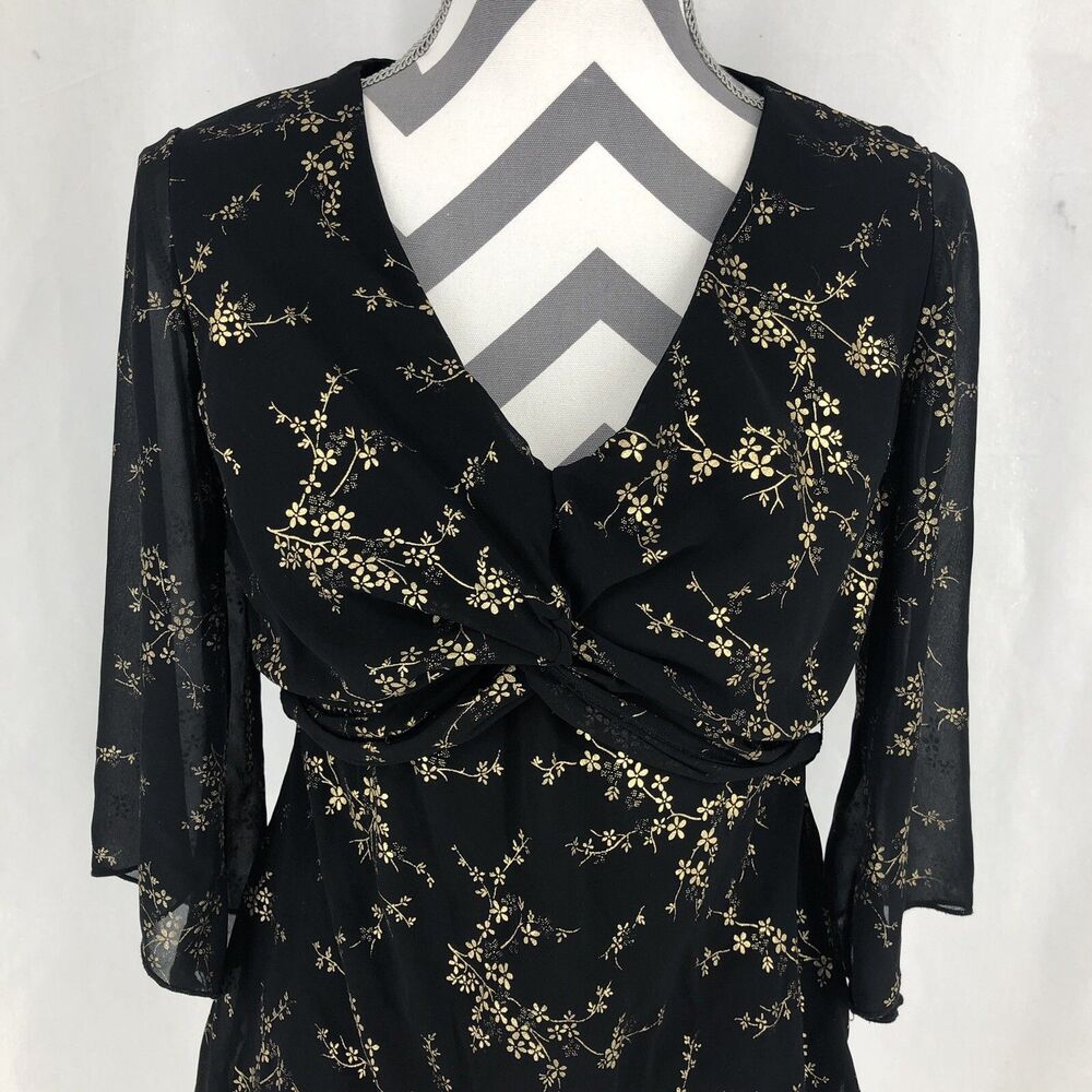 Sarah B Studio Black Gold Floral Wrap Back Tie Blouse Metallic Large Petite